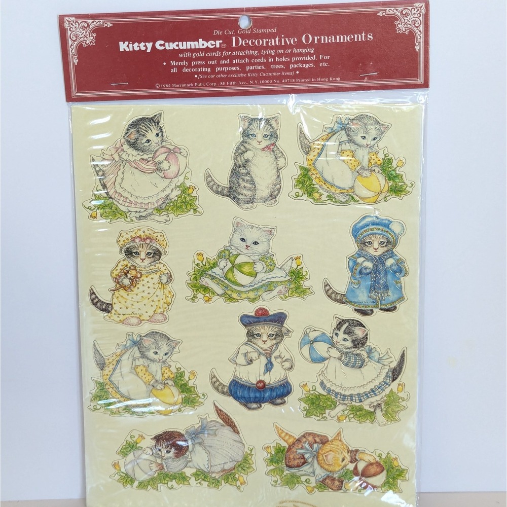 1984 Kitty Cucumber Die Cut Ornament Set Merrimack Publishing Corp NOS Hong Kong